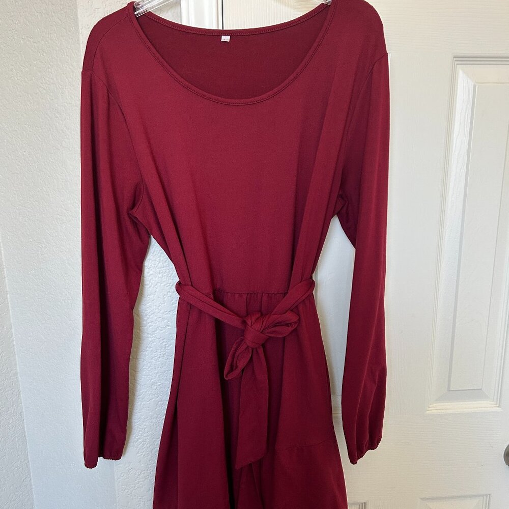 Long Sleeve A Line Dress with Crew Neck and Waist Tie - Burgundy - Large